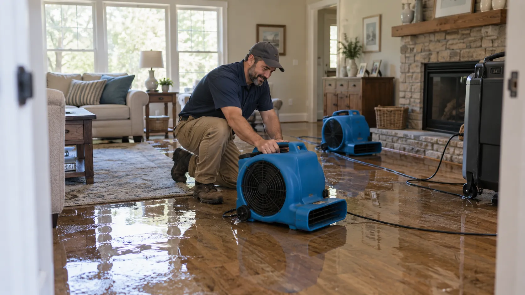 Water damage restoration technician drying a flooded living room in New York